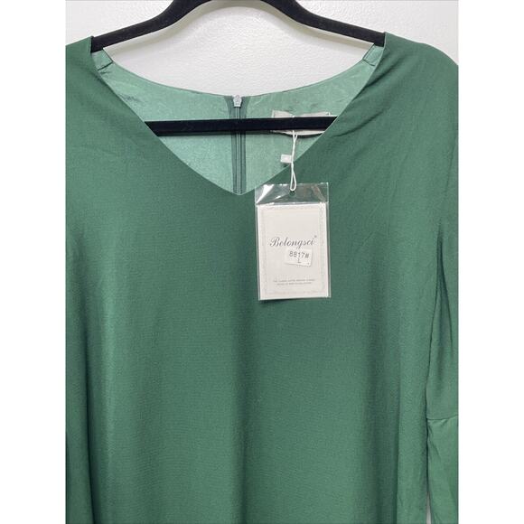 BELONGSCI NWT V Neck Bell Sleeve Shift Mini Green Dress Women L Fairy Flowy Cute - Picture 2 of 12